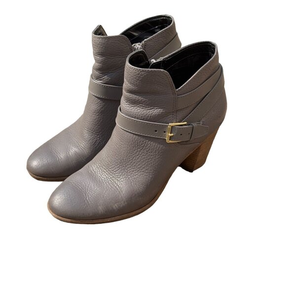Women's Gray Leather Ankle Boots With Buckle & Zipper Closure Stacked Heel - Picture 2 of 8